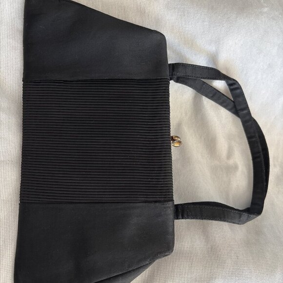 VINTAGE 1950s Black Pleated Evening Clutch w Gold Satin & Mirror - Picture 7 of 7